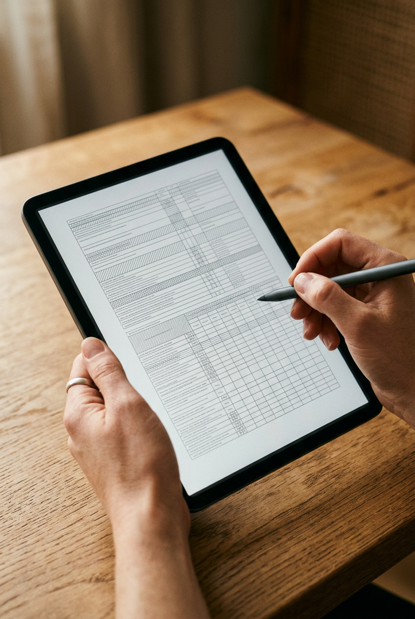 Mains tenant une tablette qui affiche un devis de travaux, un stylet à la main