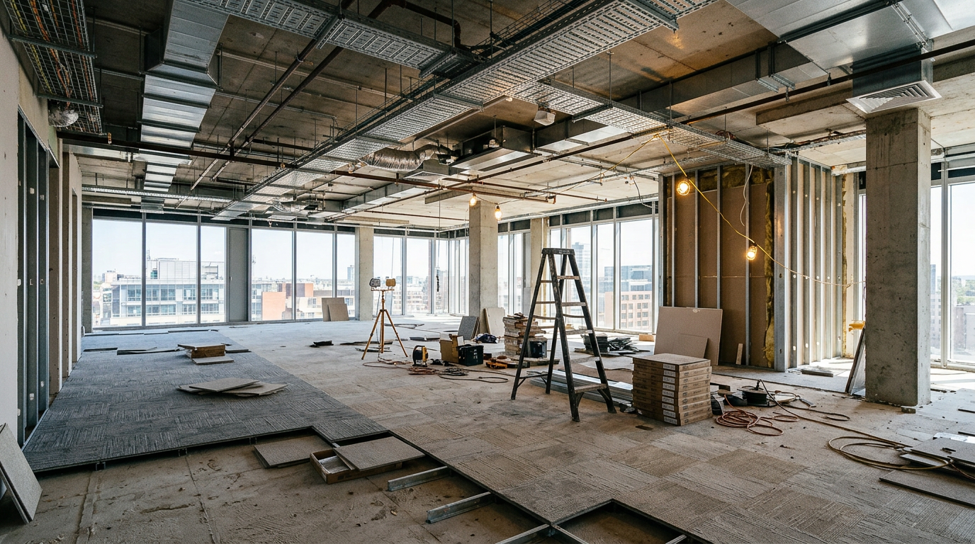Plateau de bureaux en cours d’aménagement, plafond technique apparent