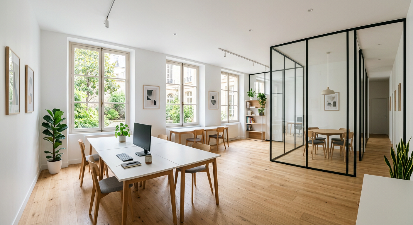 Bureaux lumineux aménagés, parquet clair et cloison vitrée