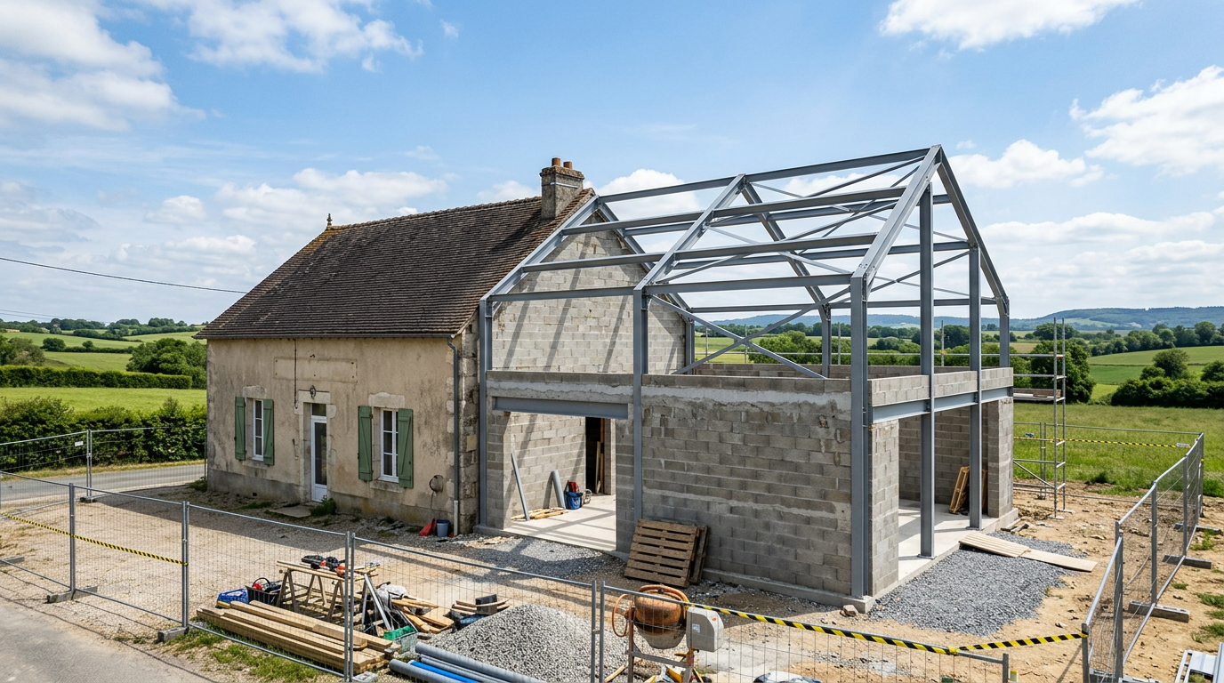 Maison de campagne avec une extension en structure métallique en construction